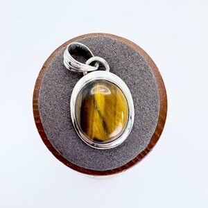 VTG Solid Sterling Silver 925 Tiger's Eye Bezel Set Pendant Size 1.5" Length